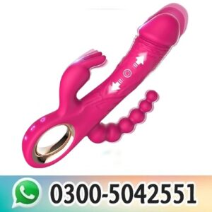 Pink women's sex toy combining a dildo and clitoral vibrator with a smooth silicone finish